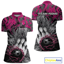 Load image into Gallery viewer, Custom Pink Flame Bowling Team Quarter-Zip Shirts For Women, Fire Bowling Jerseys IPHW9561