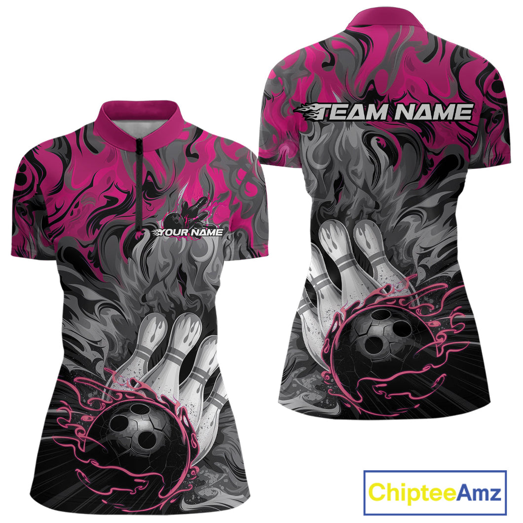 Custom Pink Flame Bowling Team Quarter-Zip Shirts For Women, Fire Bowling Jerseys IPHW9561
