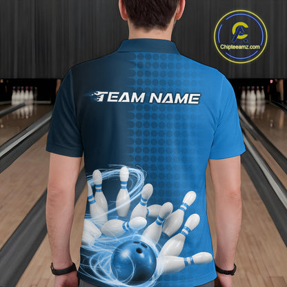 Custom Blue Flame Bowling Polo Shirts For Men, Bowling Tournament Team Shirt IPHW9407