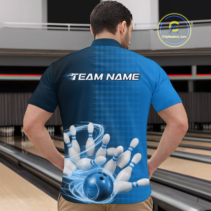 Custom Blue Flame Bowling Quarter-Zip Shirts For Men, Bowling Tournament Team Shirt IPHW9407