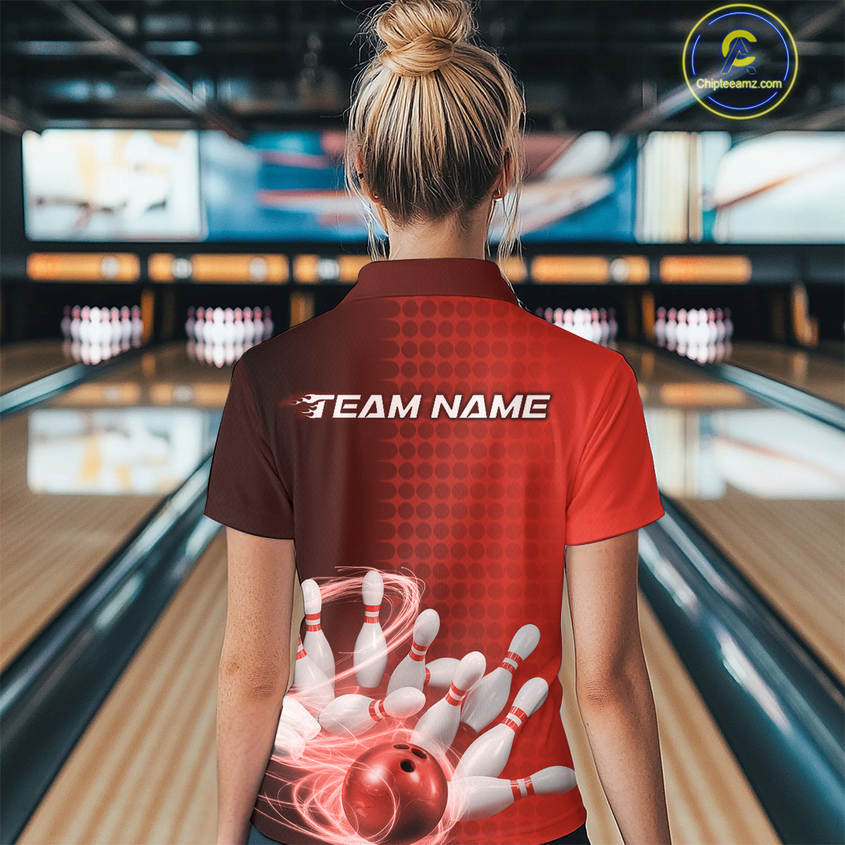 Custom Red Flame Bowling Polo Shirts For Women, Bowling Tournament Team Shirt IPHW9408