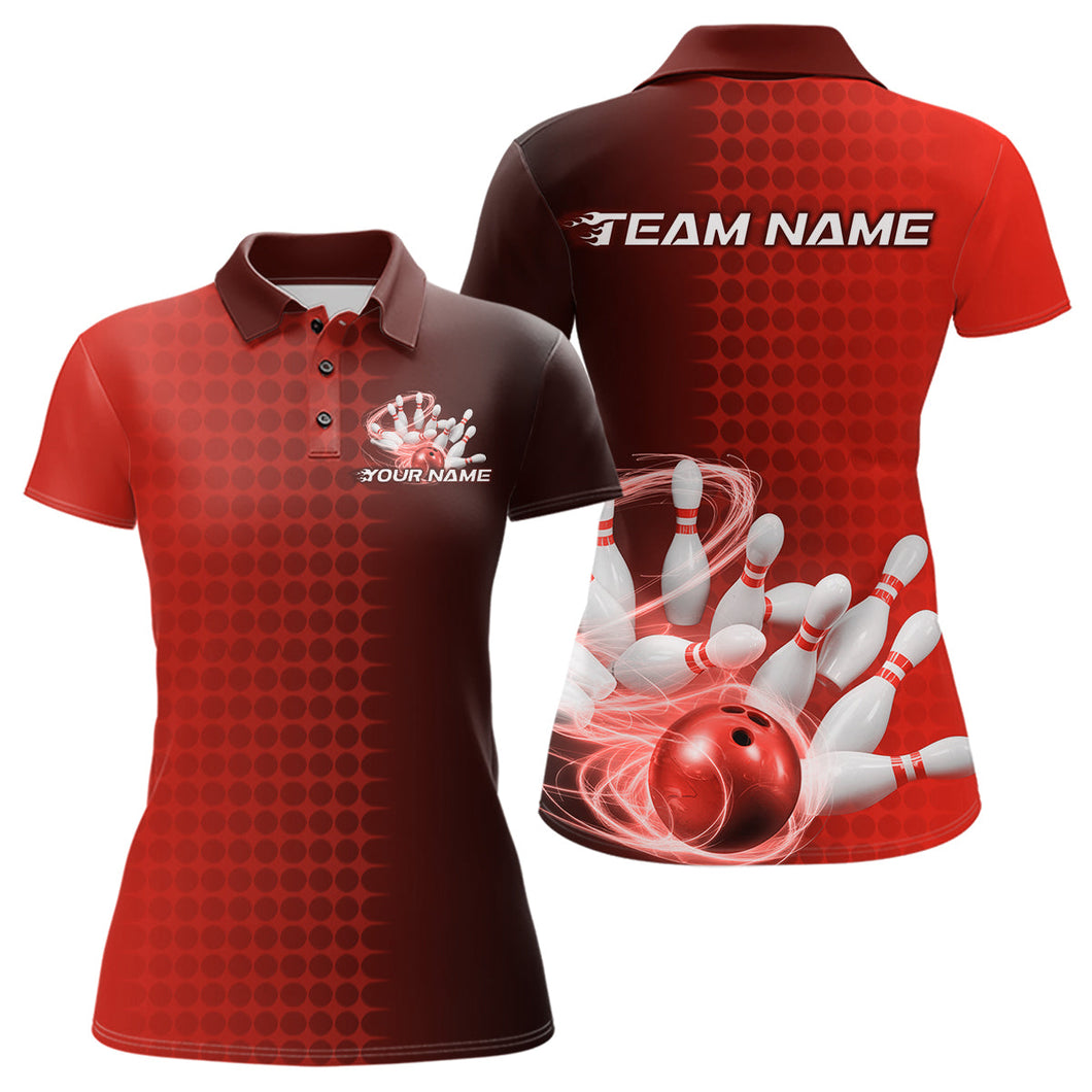 Custom Red Flame Bowling Polo Shirts For Women, Bowling Tournament Team Shirt IPHW9408