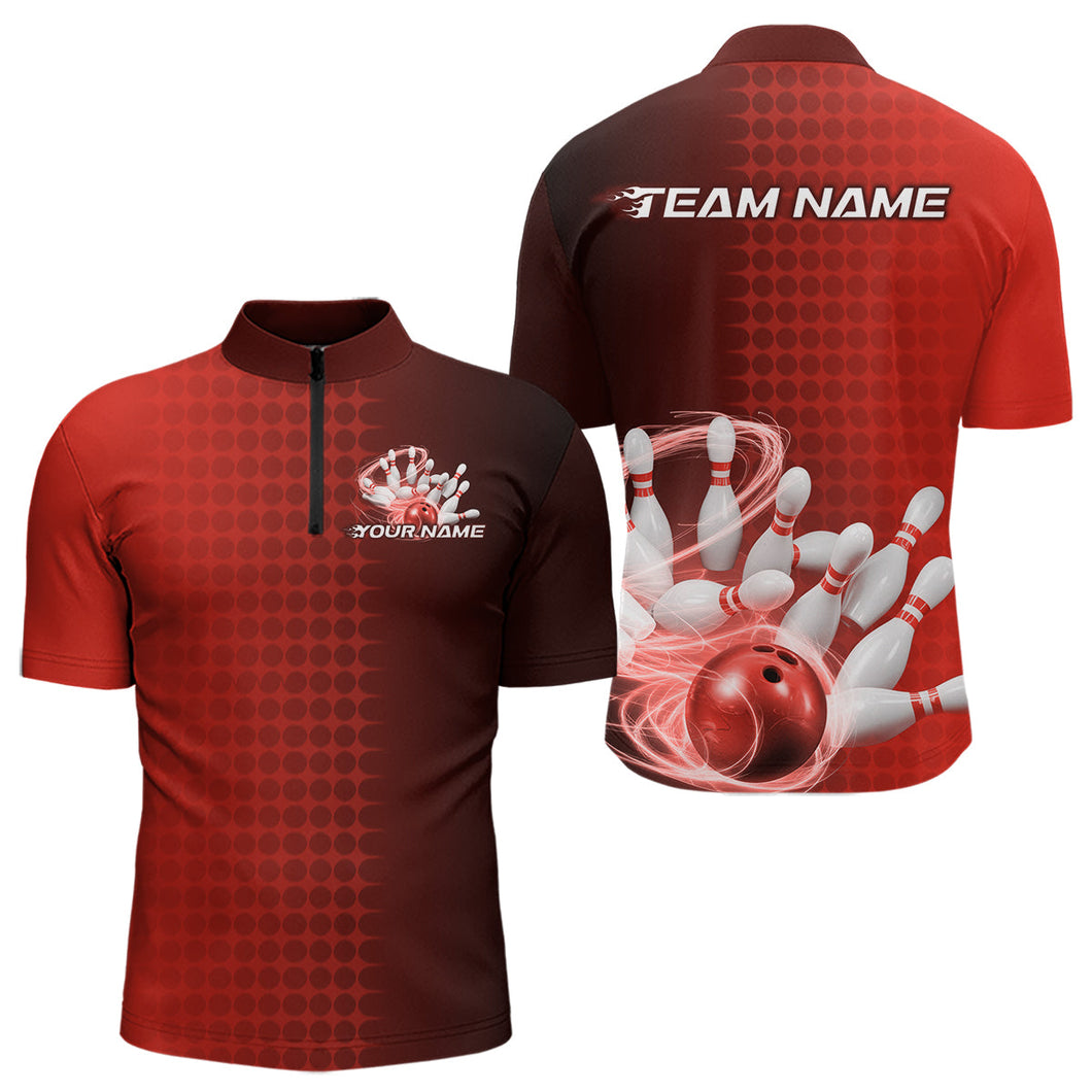 Custom Red Flame Bowling Quarter-Zip Shirts For Men, Bowling Tournament Team Shirt IPHW9408