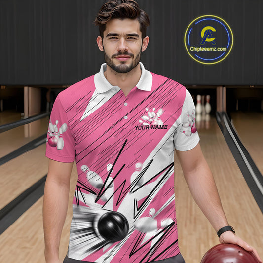 Custom White And Pink Bowling Team Men Polo Shirts, Bowling Ball And Pins Jerseys IPHW9599
