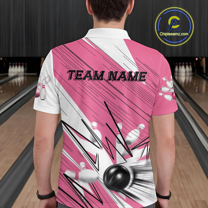 Custom White And Pink Bowling Team Men Polo Shirts, Bowling Ball And Pins Jerseys IPHW9599