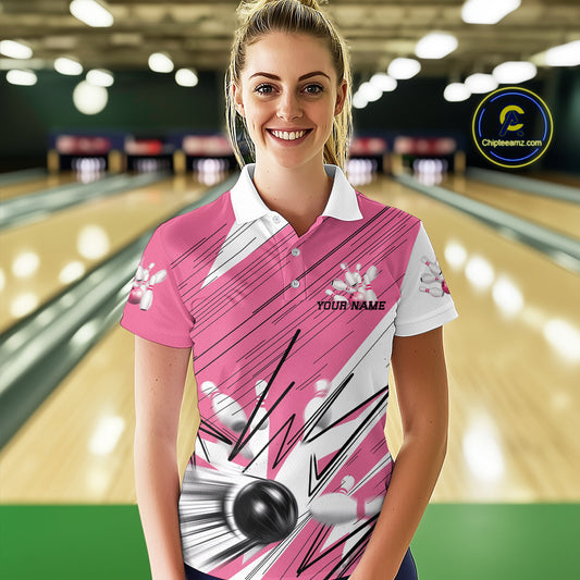 Custom White And Pink Bowling Team Women Polo Shirts, Bowling Ball And Pins Jerseys IPHW9599