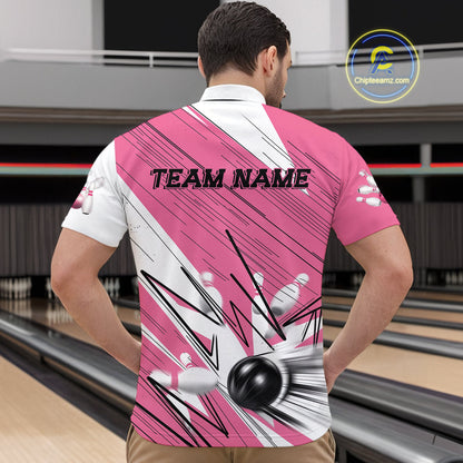 Custom White And Pink Bowling Team Men Quarter-Zip Shirts, Bowling Ball And Pins Jerseys IPHW9599