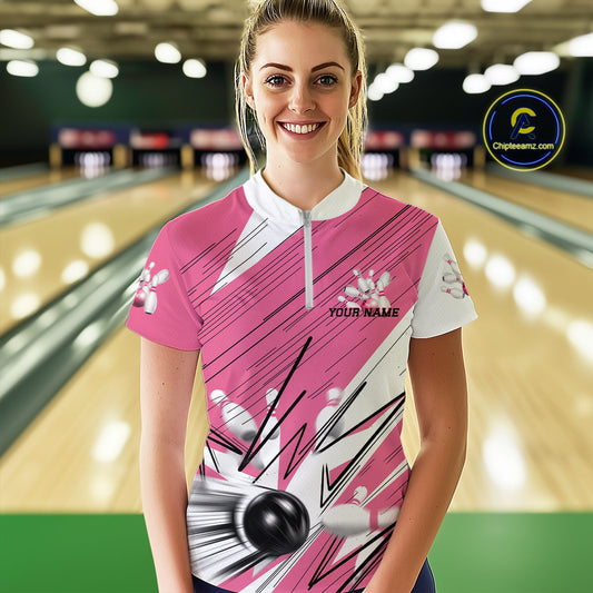 Custom White And Pink Bowling Team Women Quarter-Zip Shirt, Bowling Ball And Pins Jerseys IPHW9599
