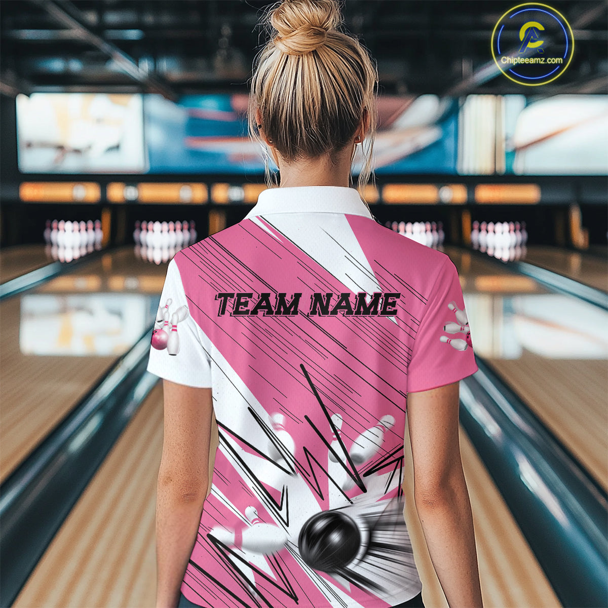 Custom White And Pink Bowling Team Women Quarter-Zip Shirt, Bowling Ball And Pins Jerseys IPHW9599