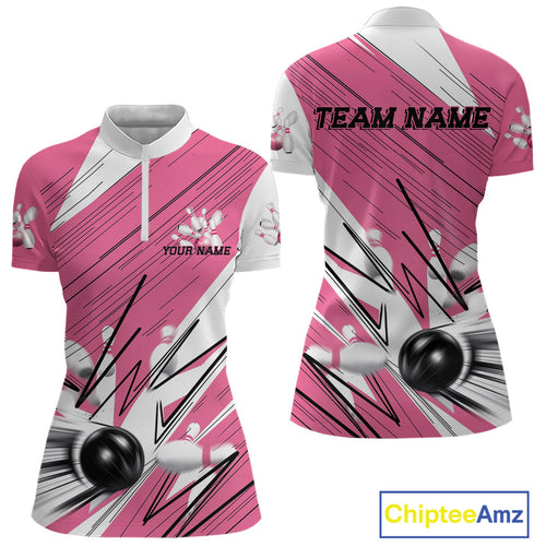 Custom White And Pink Bowling Team Women Quarter-Zip Shirt, Bowling Ball And Pins Jerseys IPHW9599