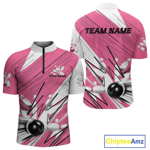 Custom White And Pink Bowling Team Men Quarter-Zip Shirts, Bowling Ball And Pins Jerseys IPHW9599