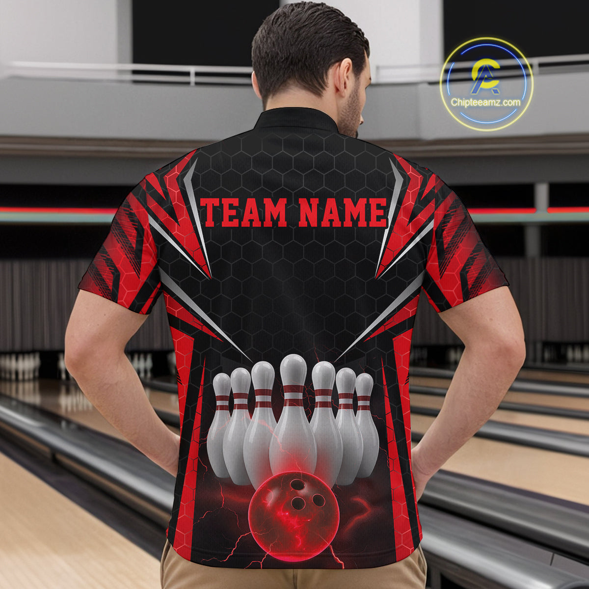 Custom Black And Red Bowling Team Jerseys, Bowler Uniform Bowling Quarter-Zip Shirts For Men IPHW9283