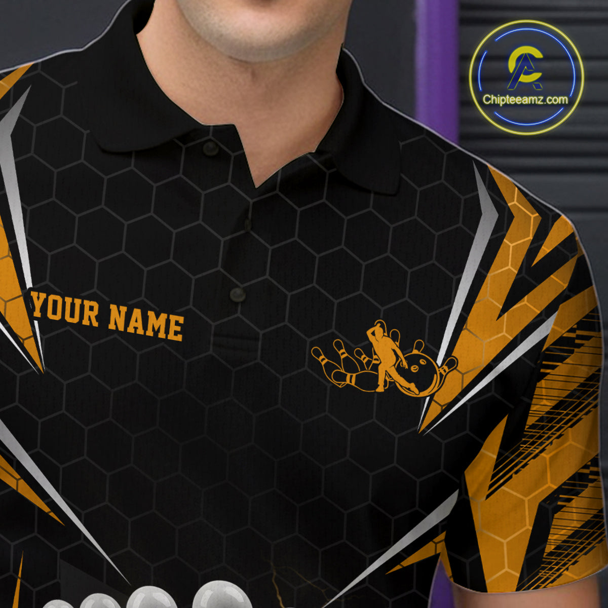Custom Black And Yellow Bowling Team Jerseys, Bowler Uniform Bowling Polo Shirts For Men IPHW9286