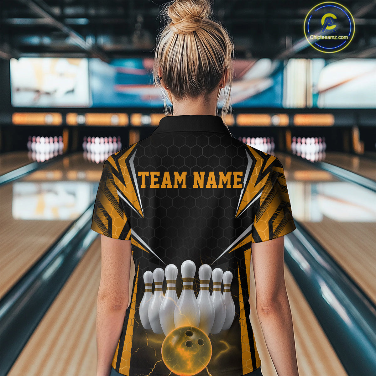 Custom Black And Yellow Bowling Team Jerseys, Bowler Uniform Bowling Polo Shirt For Women IPHW9286