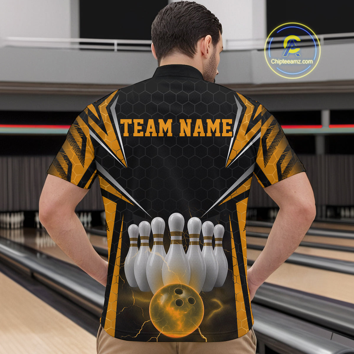 Custom Black And Yellow Bowling Team Jerseys, Bowler Uniform Bowling Quarter-Zip Shirts For Men IPHW9286