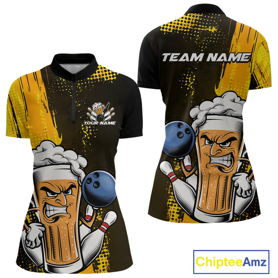 Custom Black And Yellow Funny Bowling And Beer Team Women Quarter-Zip Shirt IPHW9606
