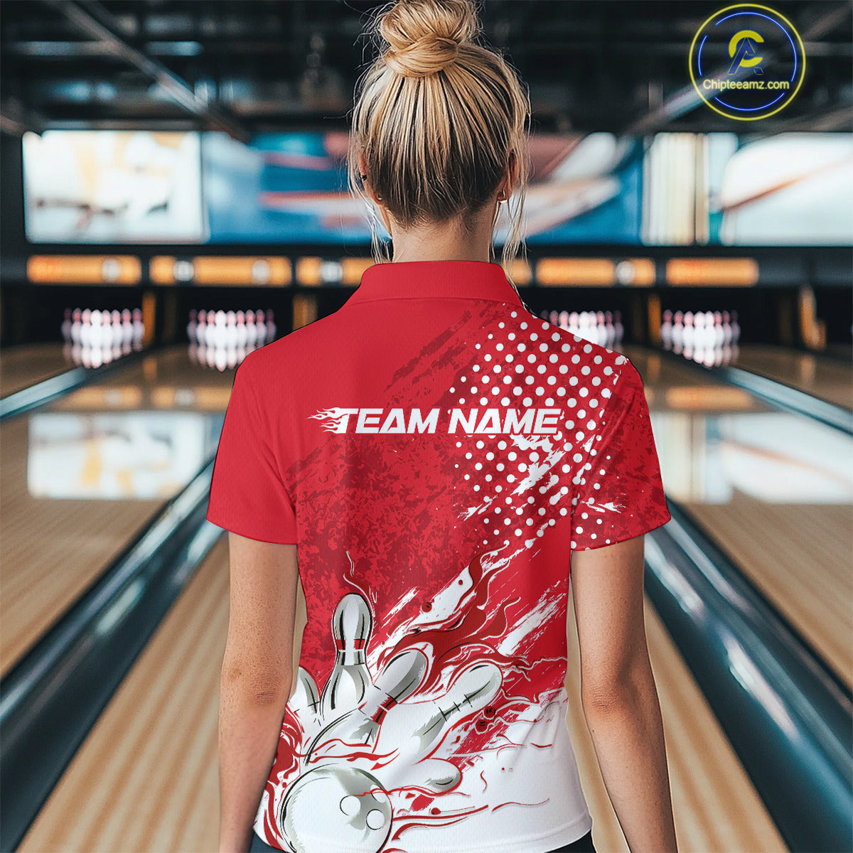 Custom White And Red Bowling Team Polo Shirts For Women, Flame Bowling Jerseys Team Shirt IPHW9618