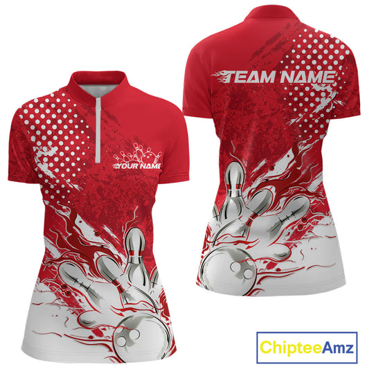 Custom White And Red Bowling Women Quarter Zip Shirt, Flame Bowling Jerseys Team Shirt IPHW9618