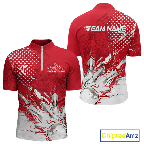 Custom White And Red Bowling Team Quarter-Zip Shirts For Men, Flame Bowling Jerseys Team Shirt IPHW9618