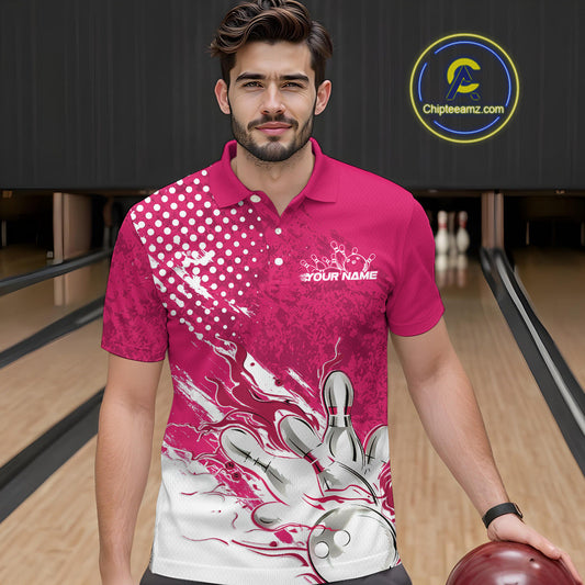 Custom White And Pink Bowling Team Polo Shirts For Men, Flame Bowling Jerseys Team Shirt IPHW9619