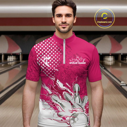 Custom White And Pink Bowling Team Quarter-Zip Shirts For Men, Flame Bowling Jerseys Team Shirt IPHW9619