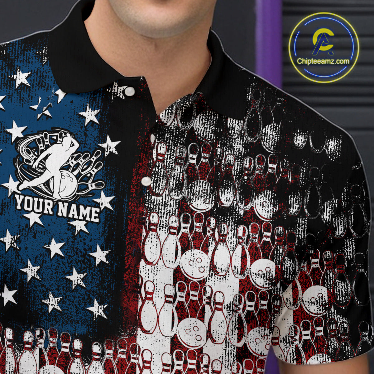 Custom Patriotic US Flag Bowling Men Polo Team Shirts, American Bowling League Shirt IPHW9325
