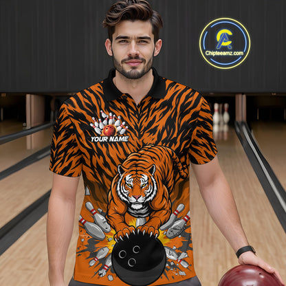 Custom Black And Orange Tiger Print Bowling Polo Team Shirts For Men, Bowling Jerseys IPHW9091