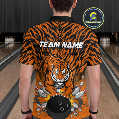 Custom Black And Orange Tiger Print Bowling Polo Team Shirts For Men, Bowling Jerseys IPHW9091