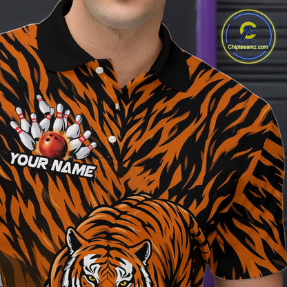 Custom Black And Orange Tiger Print Bowling Polo Team Shirts For Men, Bowling Jerseys IPHW9091