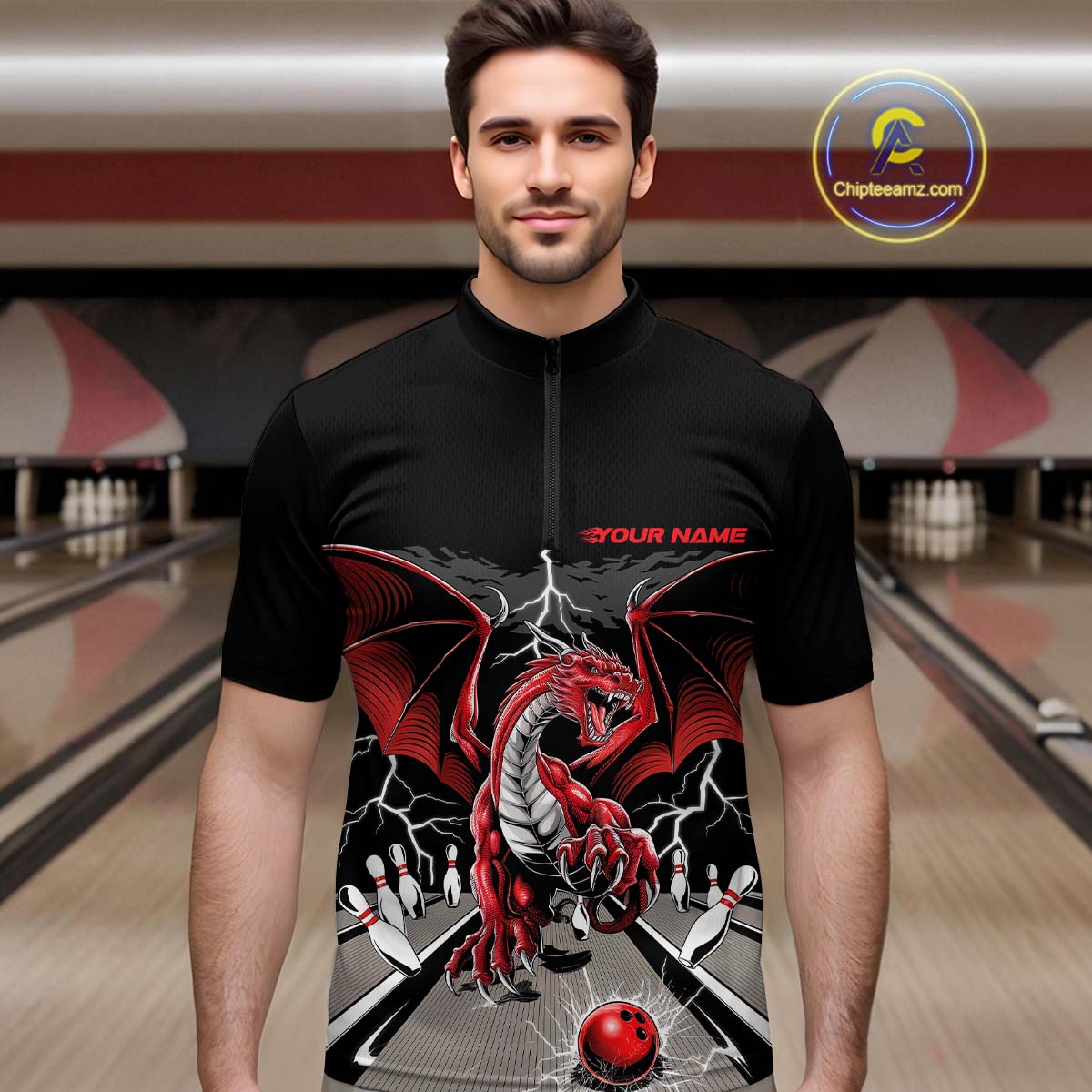 Custom Red Dragon On The Lane Bowling Quarter-Zip Shirts For Men, Dragon Bowling Team Shirt IPHW9101