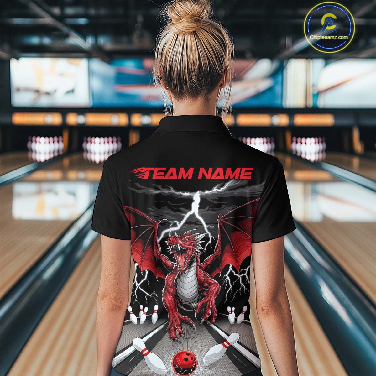 Custom Red Dragon On The Lane Bowling Women Quarter-Zip Shirts, Dragon Bowling Team Shirt IPHW9101