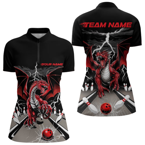 Custom Red Dragon On The Lane Bowling Women Quarter-Zip Shirts, Dragon Bowling Team Shirt IPHW9101