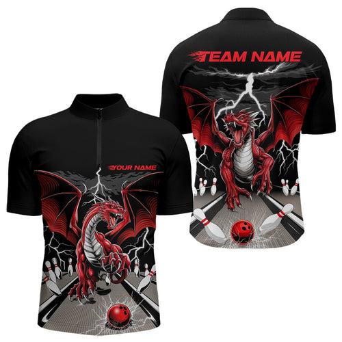 Custom Red Dragon On The Lane Bowling Quarter-Zip Shirts For Men, Dragon Bowling Team Shirt IPHW9101
