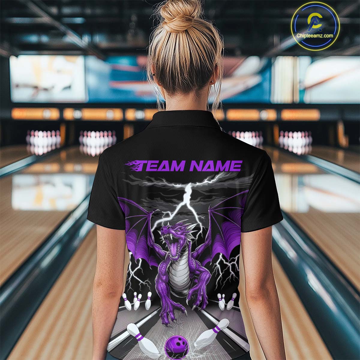 Custom Purple Dragon On The Lane Bowling Women Quarter-Zip Shirts, Bowling Team Shirt IPHW9102