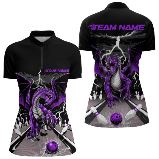 Custom Purple Dragon On The Lane Bowling Women Quarter-Zip Shirts, Bowling Team Shirt IPHW9102
