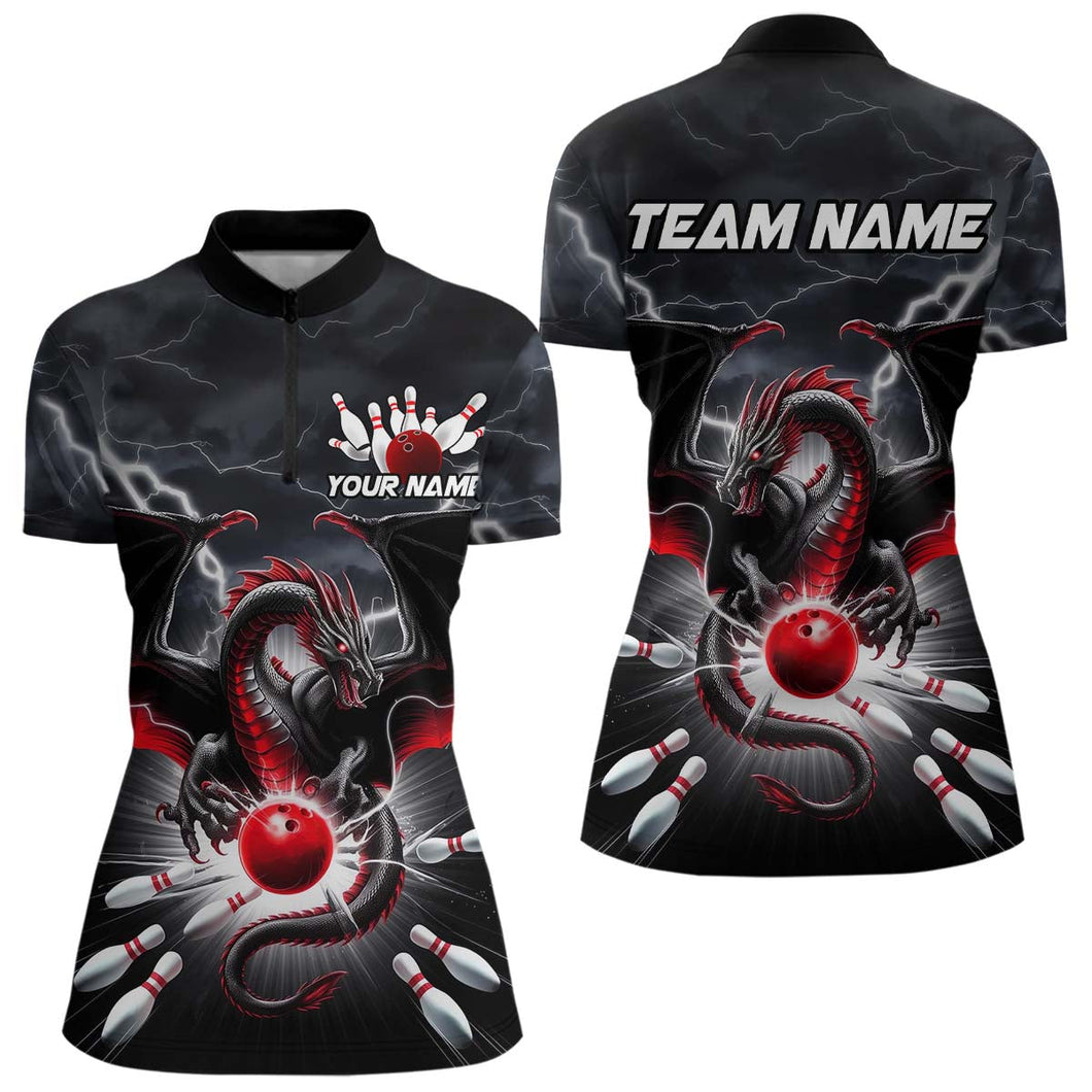 Custom Thunder Lightning Red Dragon Bowling Team Women Quarter-Zip Shirts, Bowling Jersey IPHW9110
