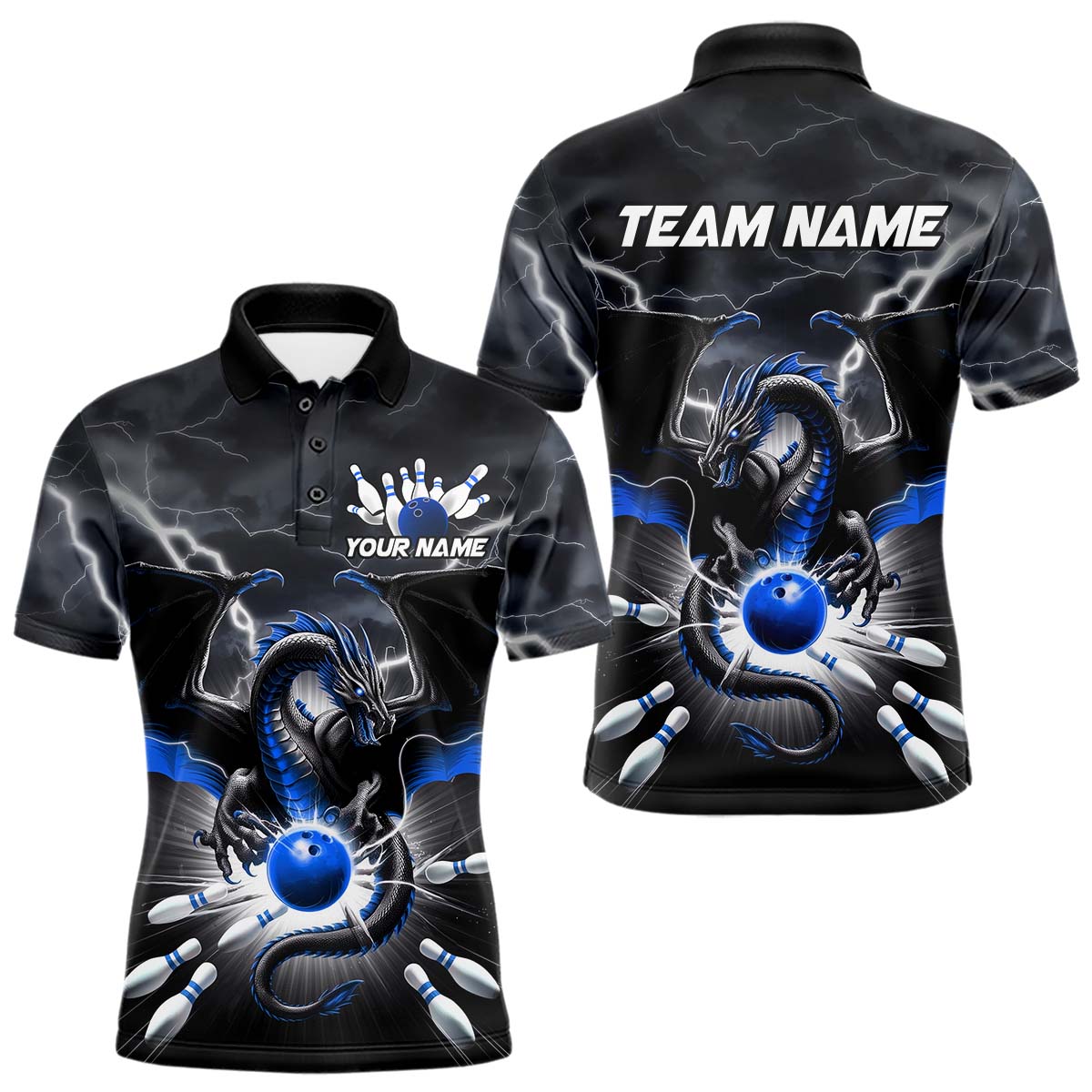 Custom Thunder Lightning Blue Dragon Bowling Team Polo Shirts For Men, Bowling Jerseys IPHW9111