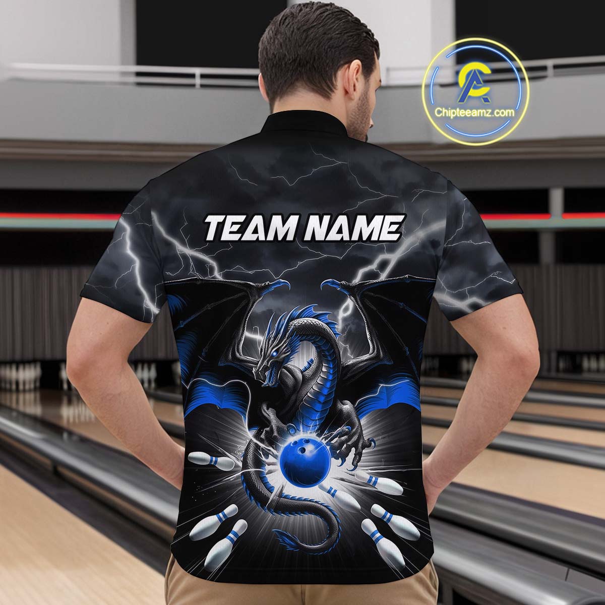 Custom Thunder Lightning Blue Dragon Bowling Team Quarter-Zip Shirts For Men, Bowling Jerseys IPHW9111