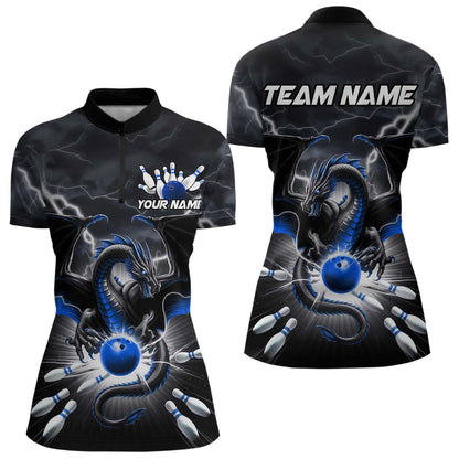 Custom Thunder Lightning Blue Dragon Bowling Team Women Quarter-Zip Shirt, Bowling Jersey IPHW9111