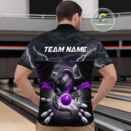 Custom Thunder Lightning Purple Dragon Bowling Team Quarter-Zip Shirts For Men, Bowling Jerseys IPHW9112