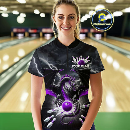 Custom Thunder Lightning Purple Dragon Bowling Women Quarter-Zip Shirt, Bowling Jersey IPHW9112