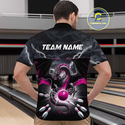 Custom Thunder Lightning Pink Dragon Bowling Team Quarter-Zip Shirts For Men, Bowling Jerseys IPHW9113