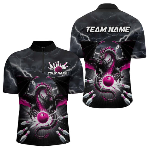 Custom Thunder Lightning Pink Dragon Bowling Team Quarter-Zip Shirts For Men, Bowling Jerseys IPHW9113