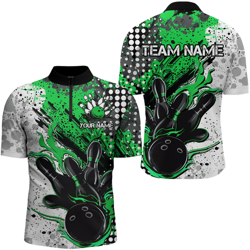 Black And Green Custom Flame Bowling Shirts For Men, Splatter Bowling Team Jerseys Outfit IPHW7167