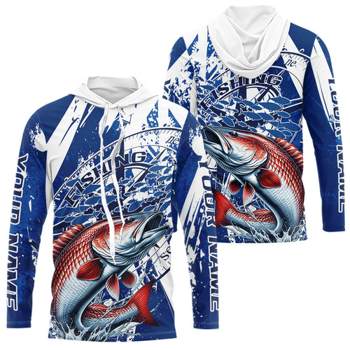 Custom Blue Camo Redfish Puppy Drum Saltwater Fishing Long Sleeve Hooded Fishing Shirts IPHW9160
