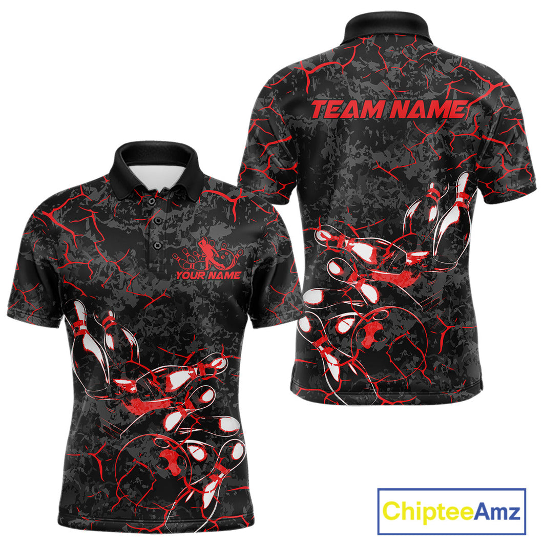 Custom Black And Red Camo Bowling Team Polo Shirts For Men, Bowling League Shirt IPHW9370