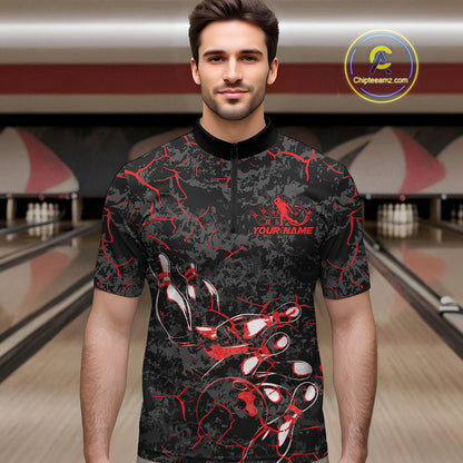Custom Black And Red Camo Bowling Team Quarter-Zip Shirts For Men, Bowling League Shirt IPHW9370