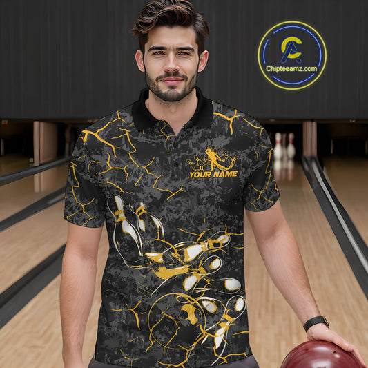 Custom Black And Yellow Camo Bowling Team Polo Shirts For Men, Bowling League Shirt IPHW9371
