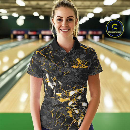 Custom Black And Yellow Camo Bowling Team Polo Shirts For Women, Bowling League Shirt IPHW9371