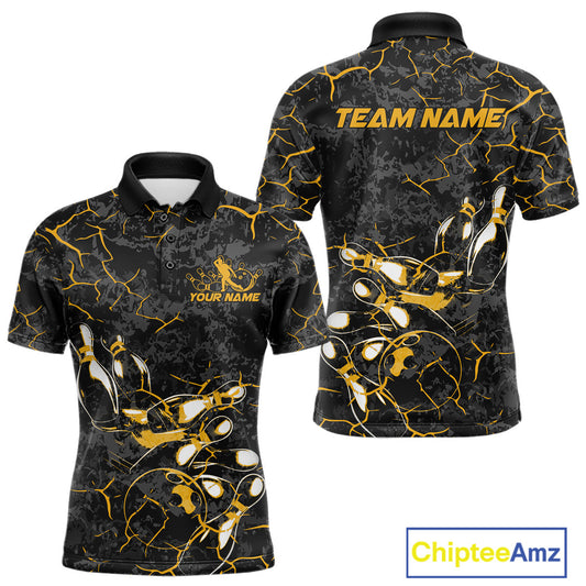 Custom Black And Yellow Camo Bowling Team Polo Shirts For Men, Bowling League Shirt IPHW9371
